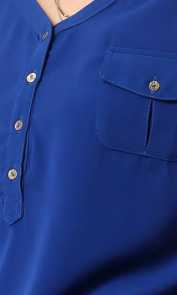 54412 Royal Blue Fluffy Short Sleeve Buttons-Up Shirt