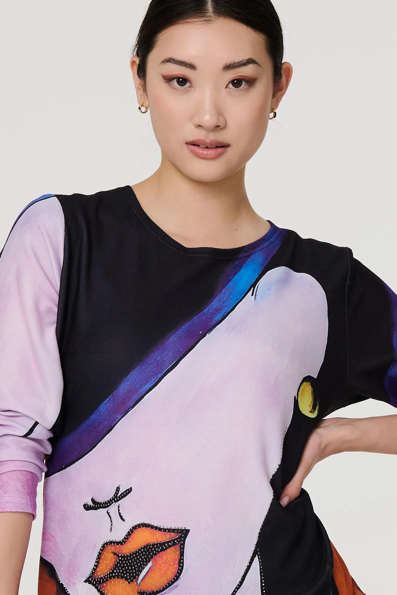 Abstract Diamante Detail Long Sleeve Top