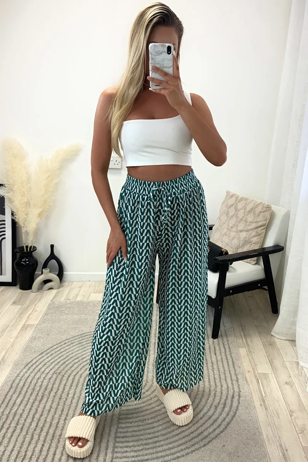 Avaa Green and White Plisse Patterned Wide Leg Trousers