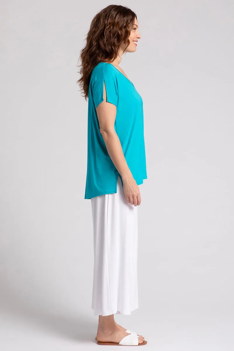 Bamboo V-Neck Slit Sleeve Top | Turquoise