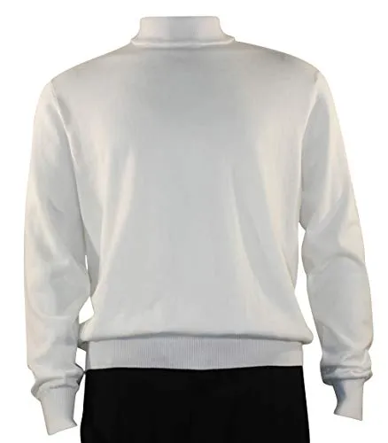 Mens White Knit Sweater with Mock Neck, Full Cut, and Long Sleeves by Bassiri