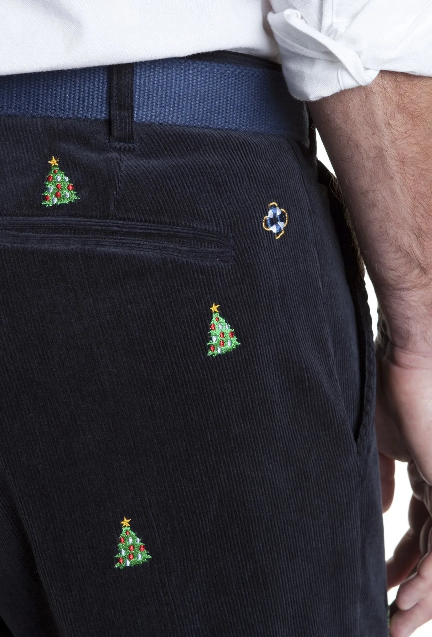 Christmas Tree-Embroidered Beachcomber Corduroy Pants in Nantucket Navy