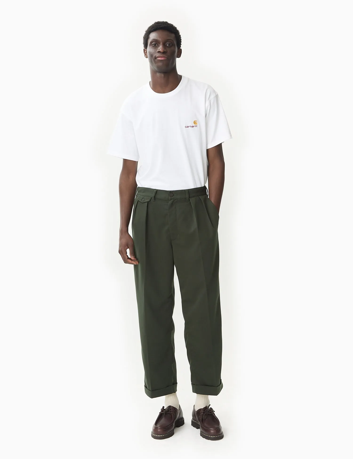 Mens Green Beams Plus Double-Pleat Trousers in Premium PE Twill Fabric