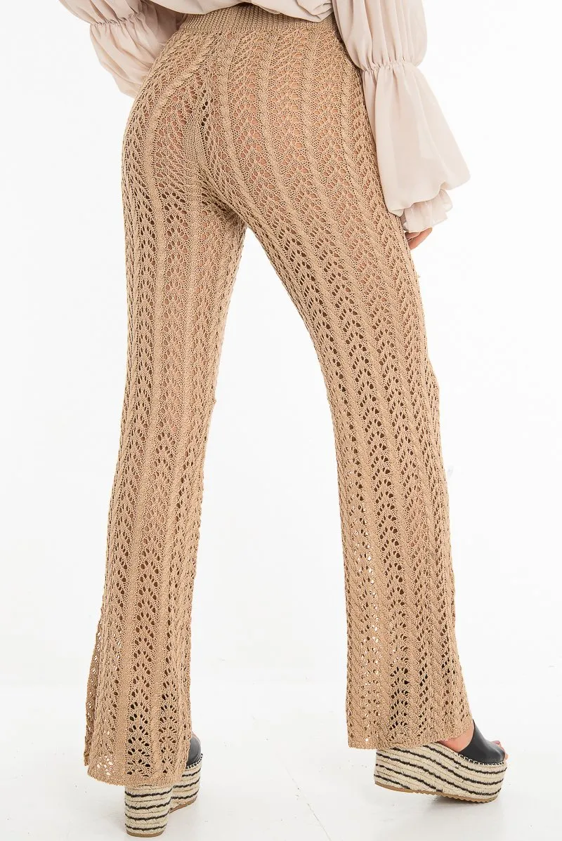 Beige Open Knit Tie Waist Flared Trousers - Nadine