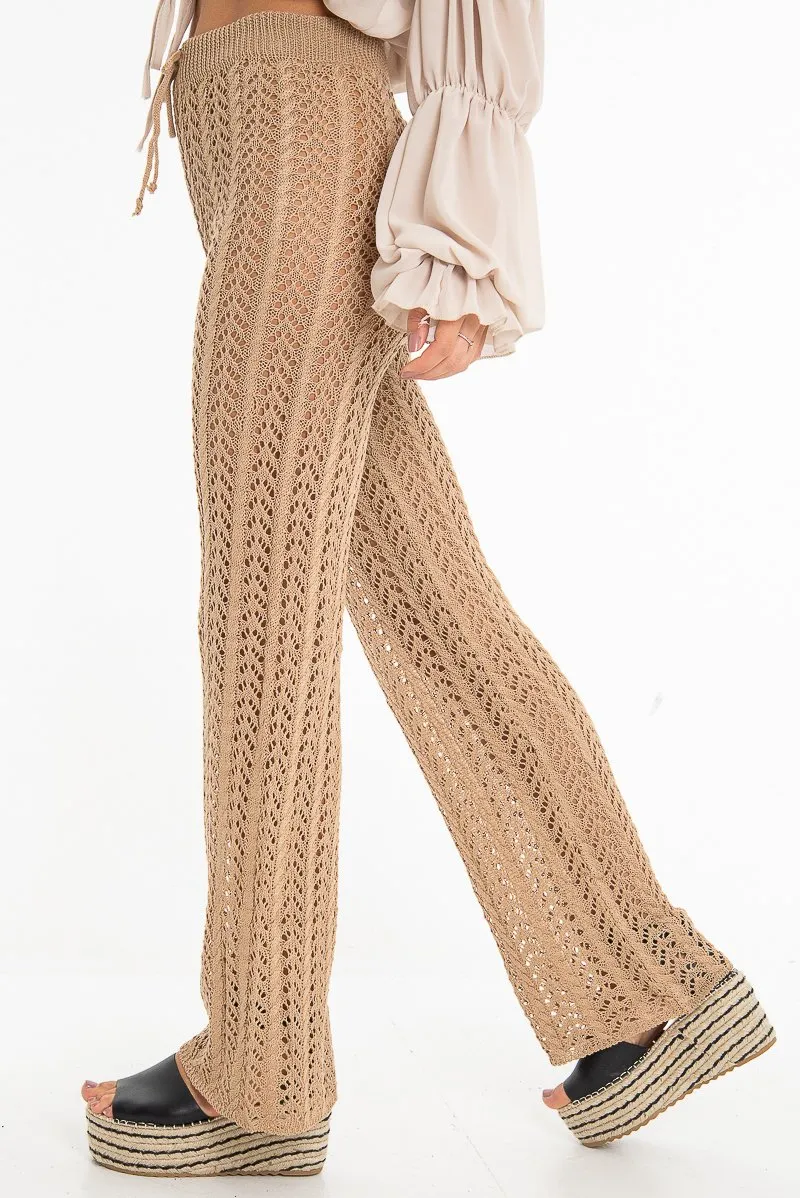 Beige Open Knit Tie Waist Flared Trousers - Nadine