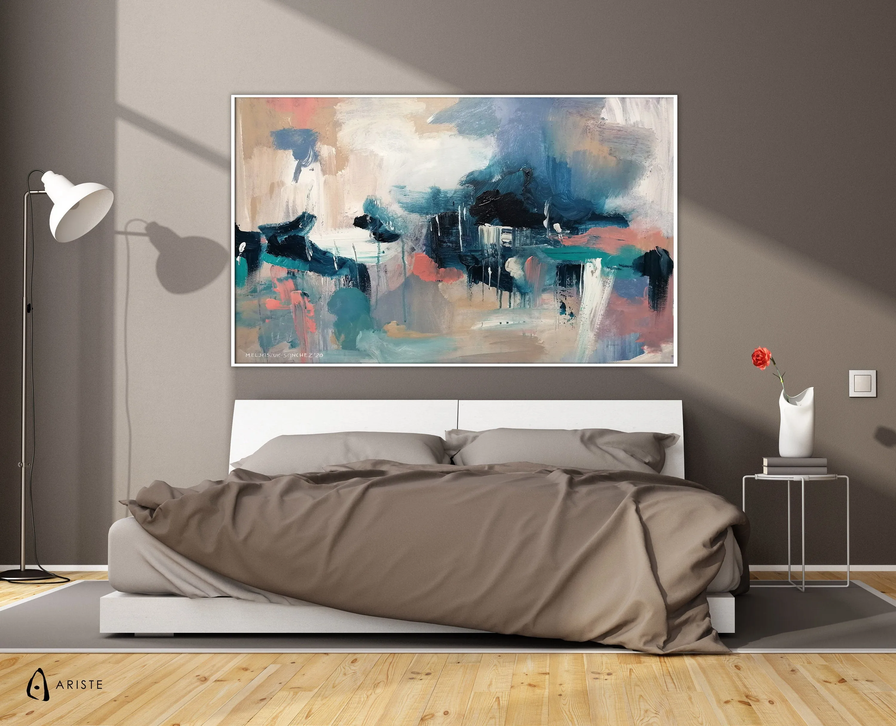 Beige, pink & blue abstract oversized wall art made to order in a custom size