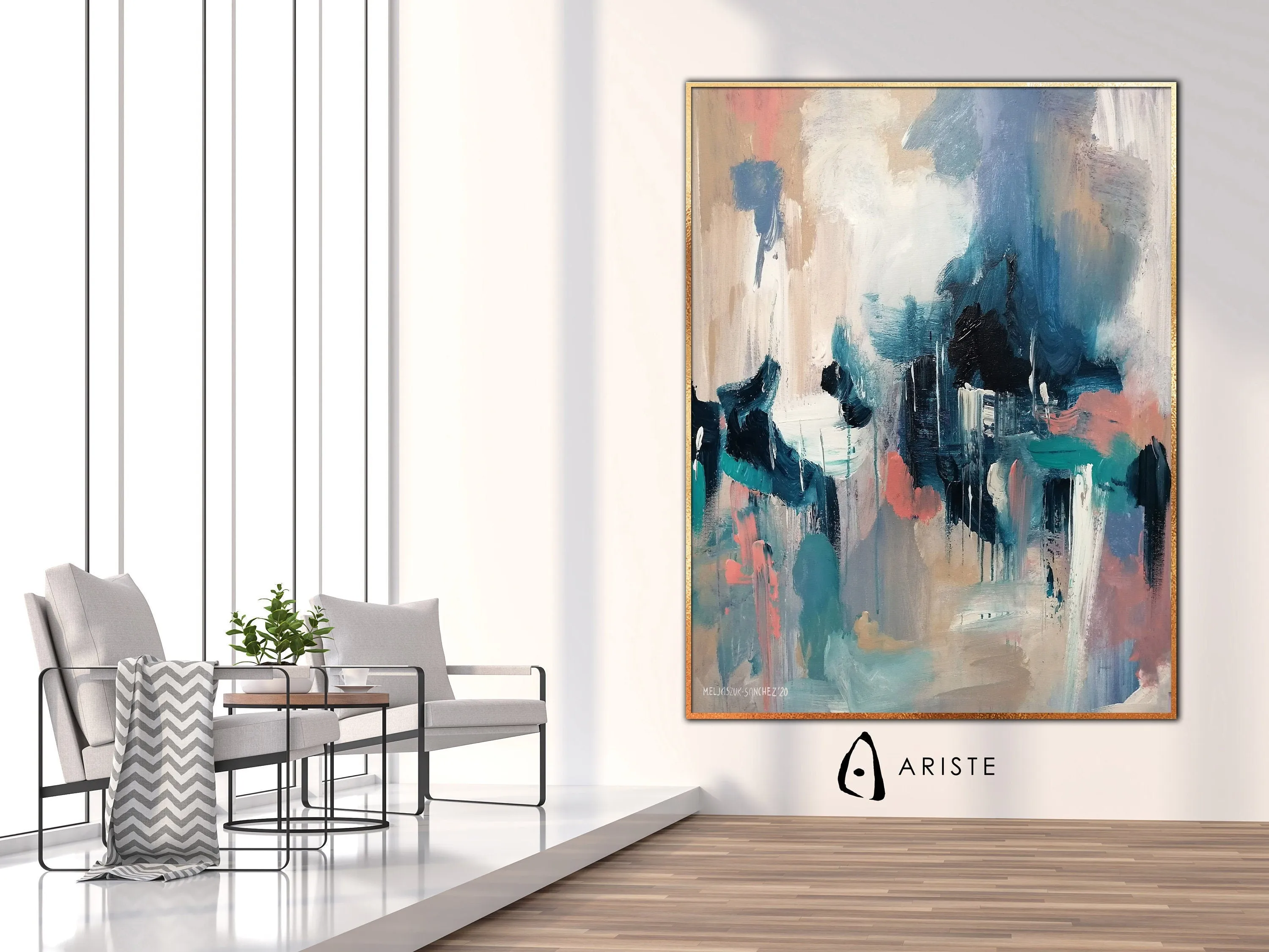 Beige, pink & blue abstract oversized wall art made to order in a custom size