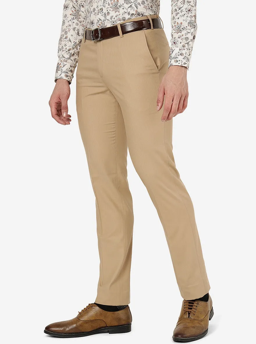 Beige Solid Slim Fit Formal Trouser | Metal