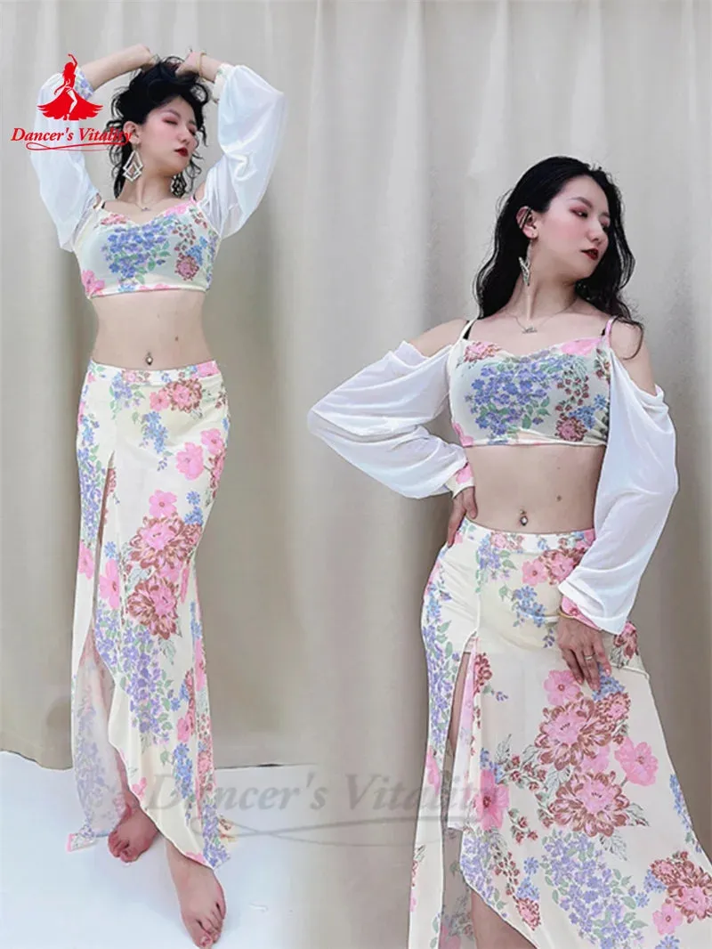 Belly Dance Practice Clothes for Women Chiffon Long Sleeves Top printing Long Skirt 2pcs Adult Oriental Belly Dancing Outfit