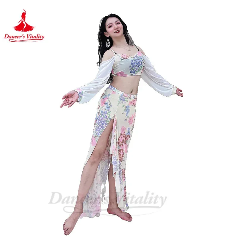 Belly Dance Practice Clothes for Women Chiffon Long Sleeves Top printing Long Skirt 2pcs Adult Oriental Belly Dancing Outfit