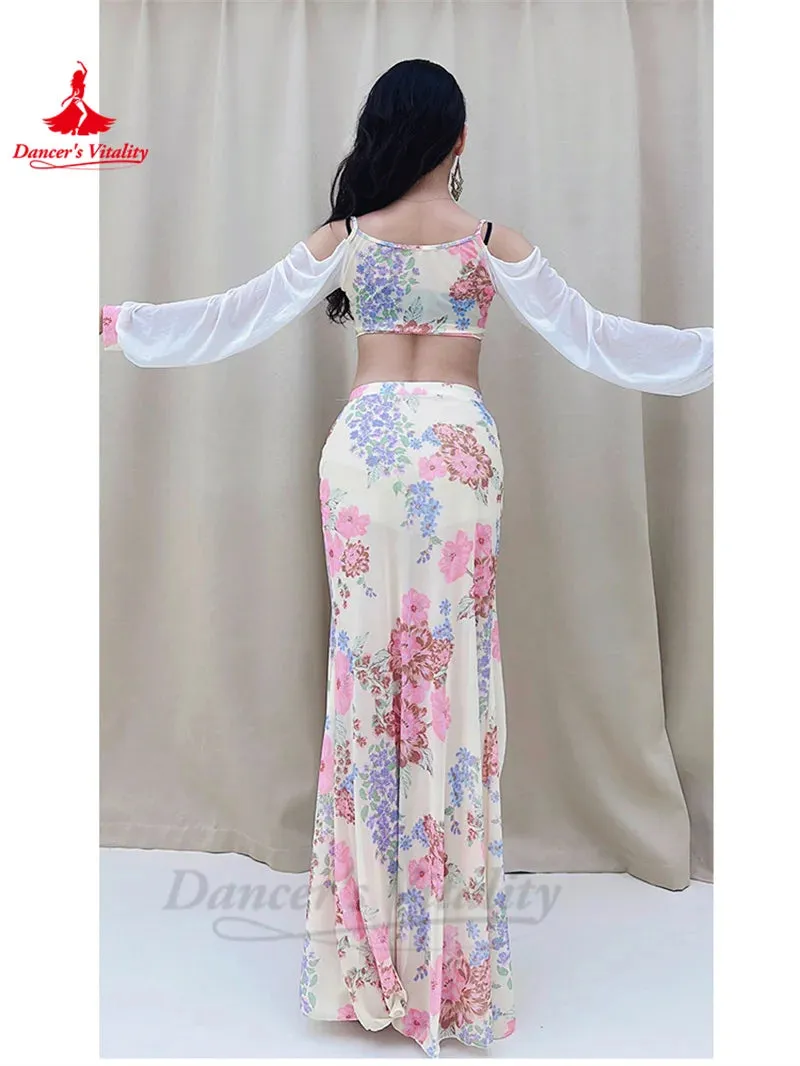 Belly Dance Practice Clothes for Women Chiffon Long Sleeves Top printing Long Skirt 2pcs Adult Oriental Belly Dancing Outfit