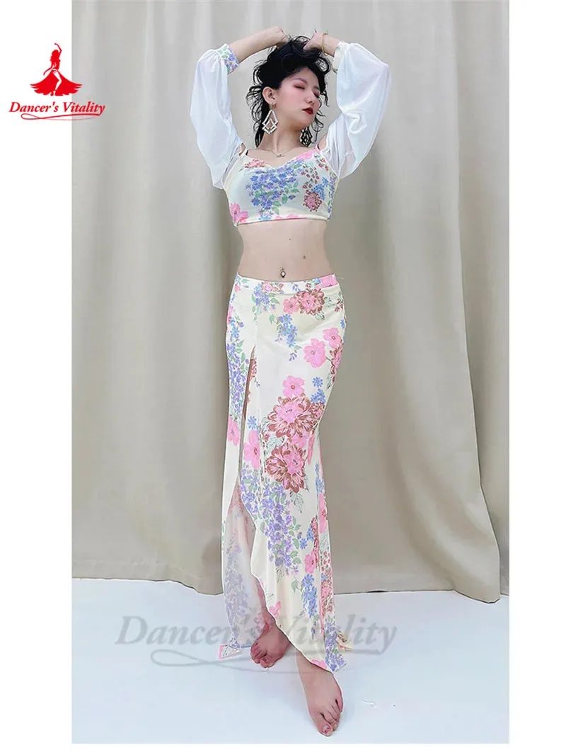 Belly Dance Practice Clothes for Women Chiffon Long Sleeves Top printing Long Skirt 2pcs Adult Oriental Belly Dancing Outfit