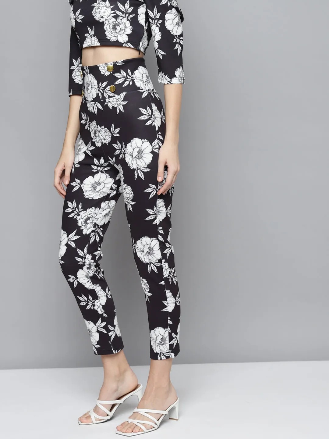 Black Floral Scuba Front Button High Waist Pants