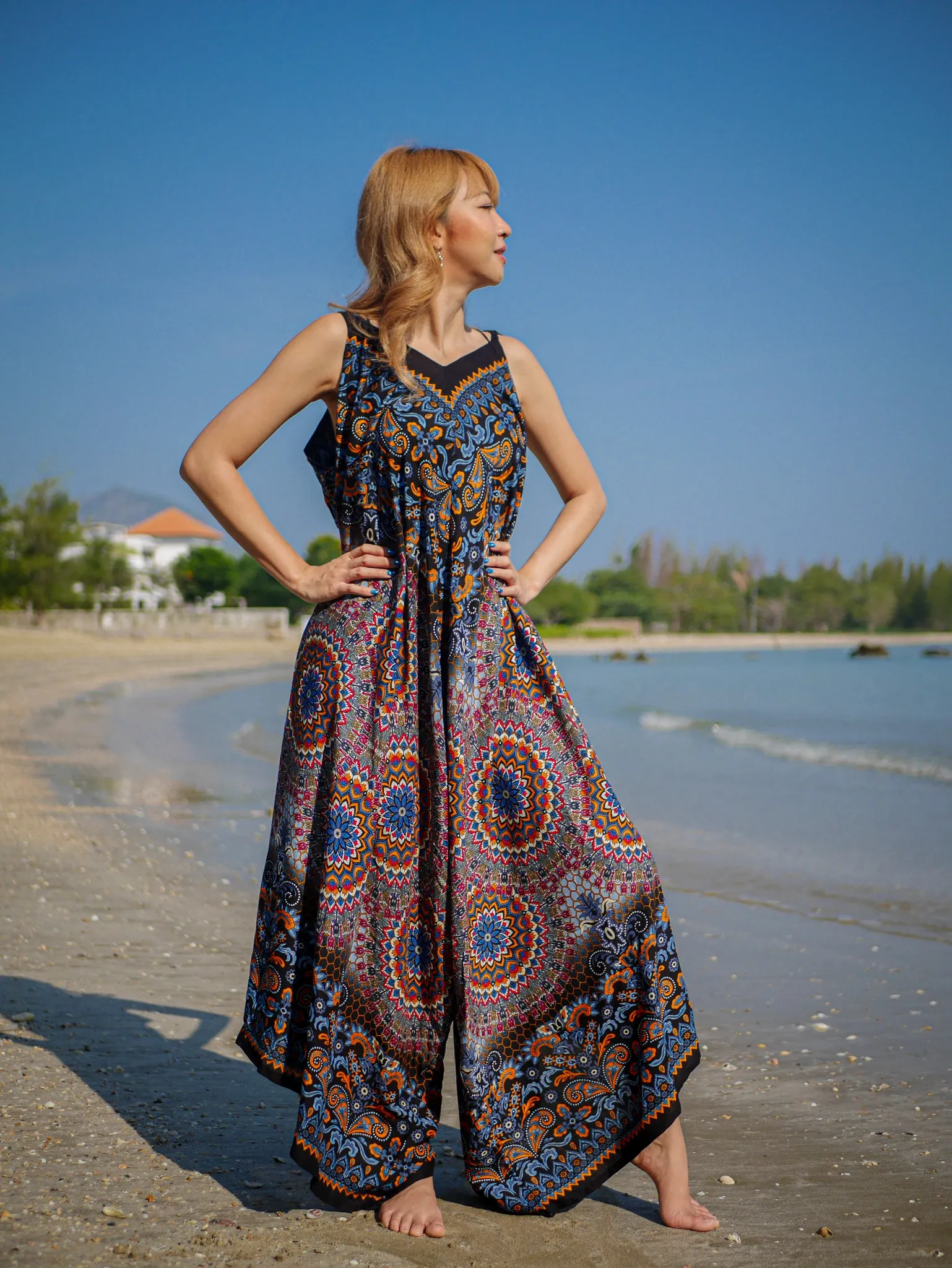 Black Orange Paisley Mandala Boho Jumpsuit