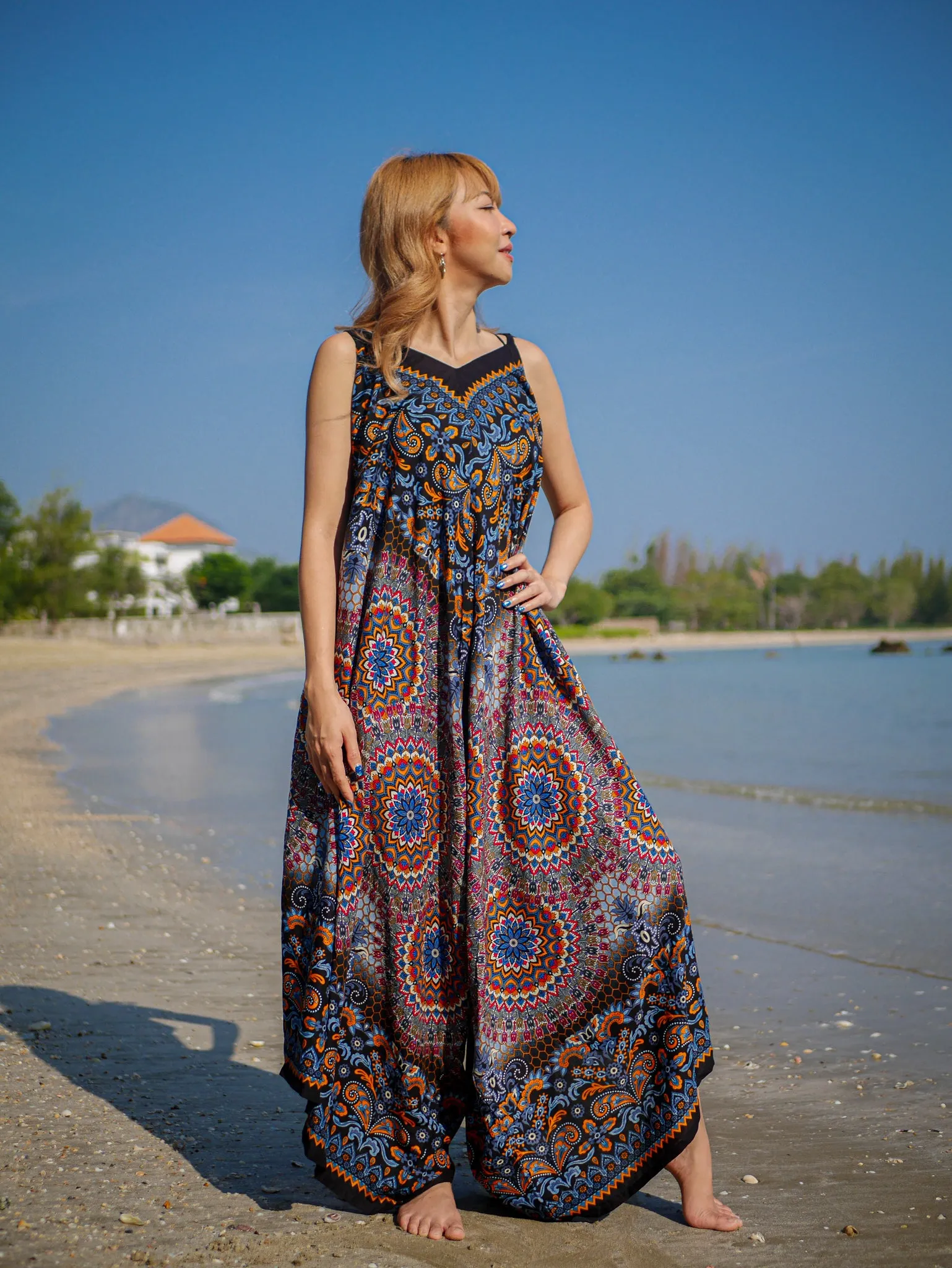 Black Orange Paisley Mandala Boho Jumpsuit