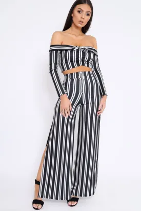 Black Stripe Bardot Ruffle Top and Trouser Set - Inas