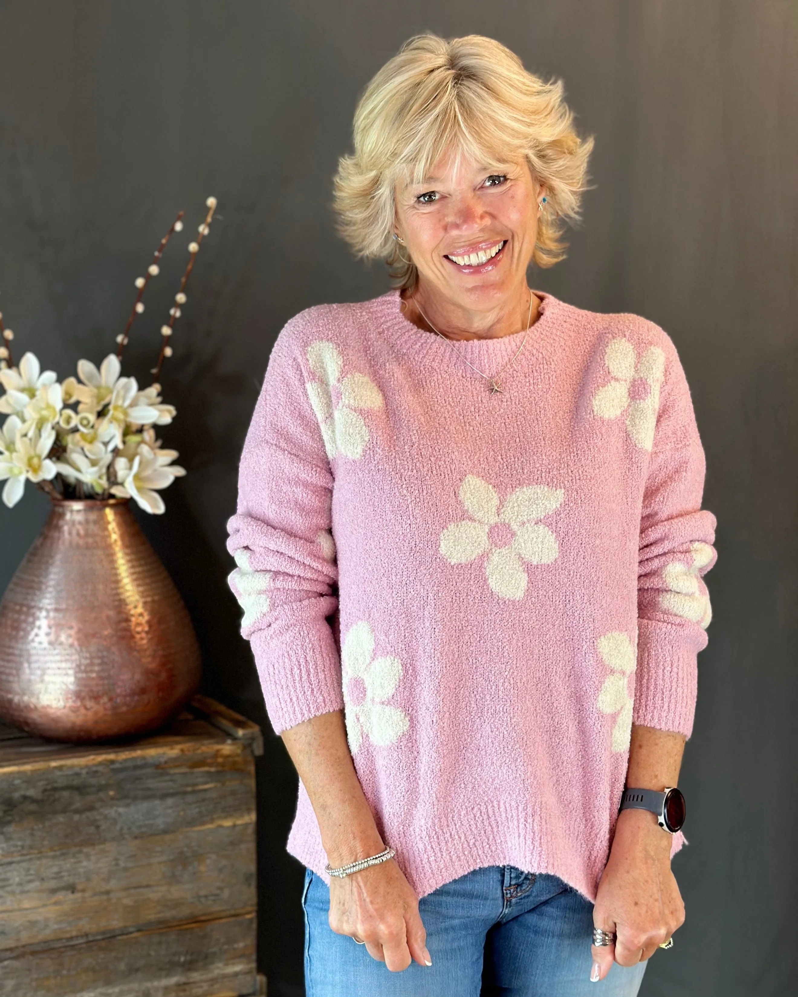 Boucle Knitted Flower Jumper - Baby Pink