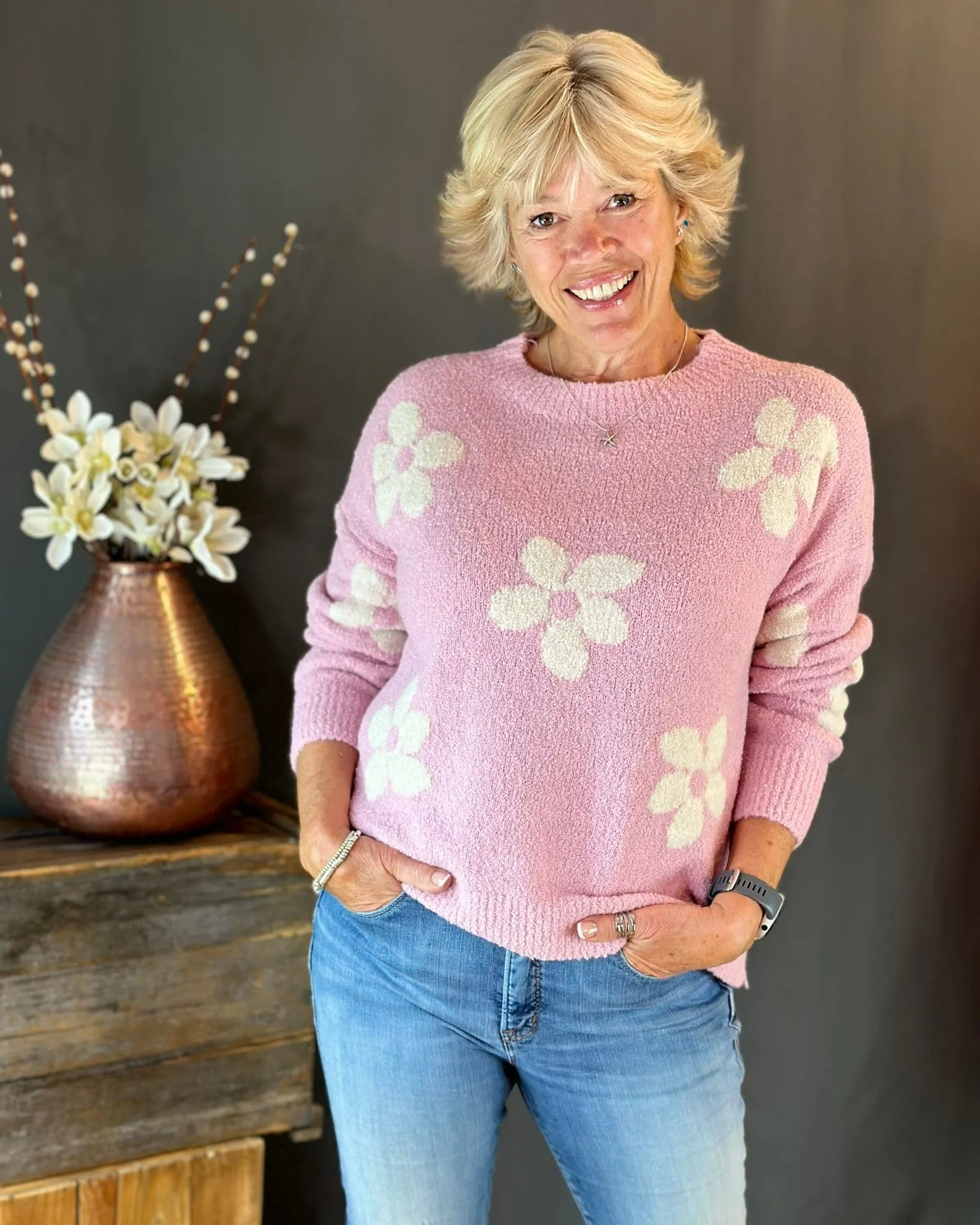 Boucle Knitted Flower Jumper - Baby Pink