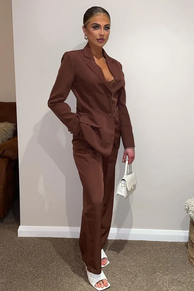 Brown Tailored Blazer & Wide Leg Trouser Set - Casidi