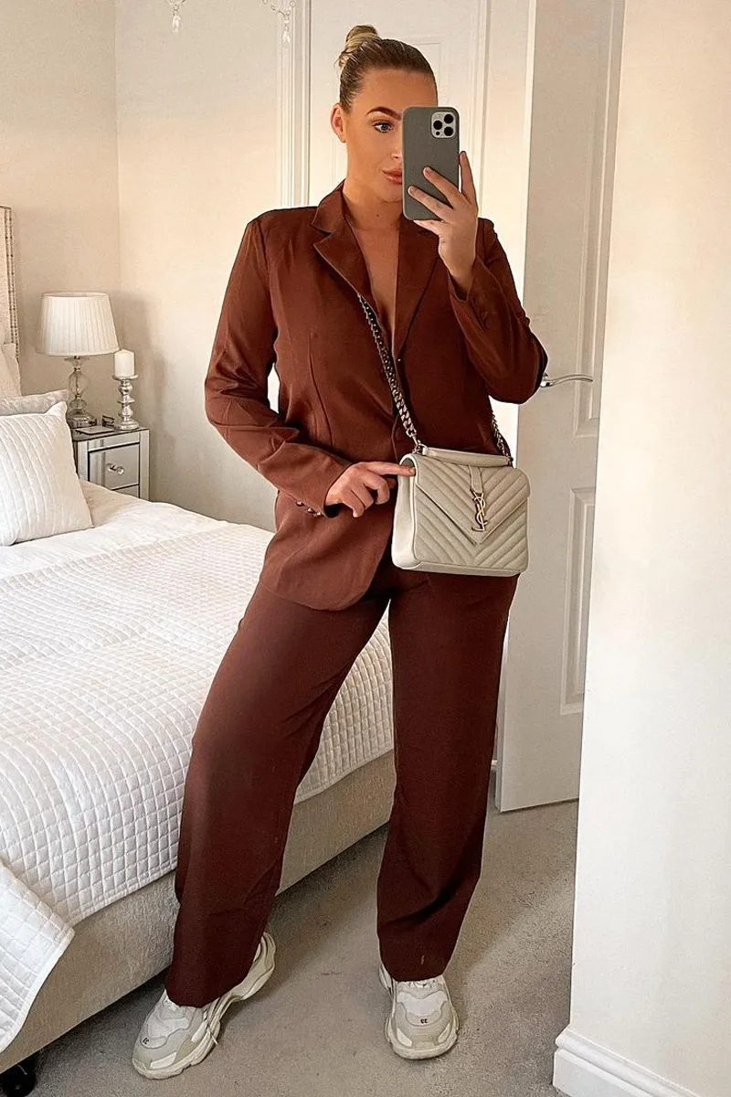 Brown Tailored Blazer & Wide Leg Trouser Set - Casidi