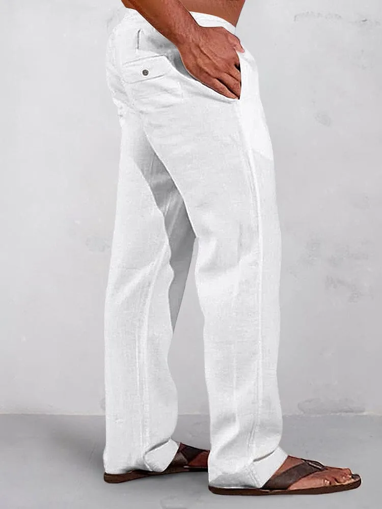 Casual Solid Elastic Waist Cotton Linen Straight Pants