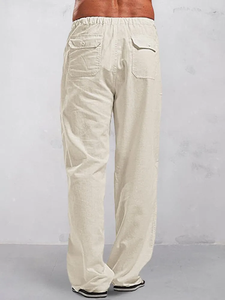 Casual Solid Elastic Waist Cotton Linen Straight Pants