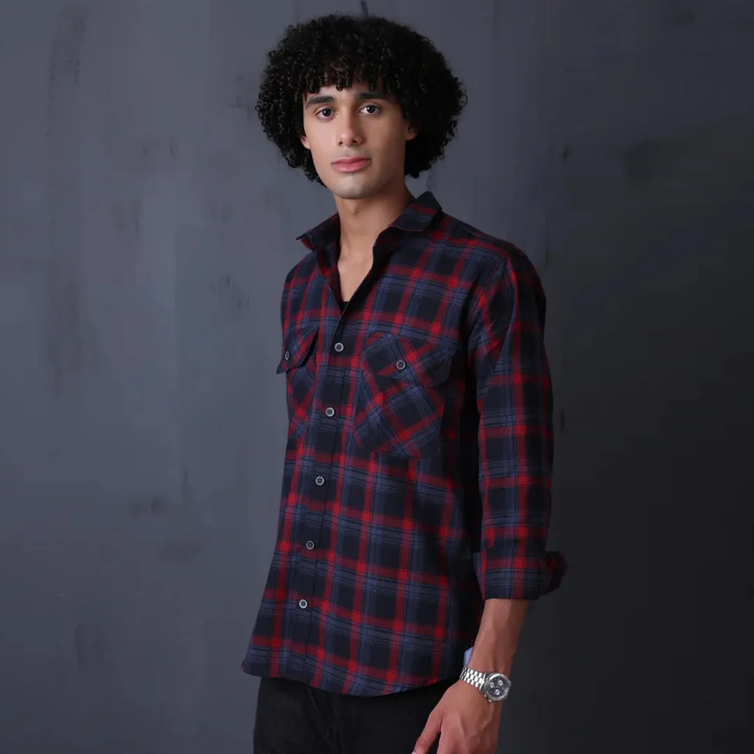 Check Regular Fit Cotton Shirt - Red Navy