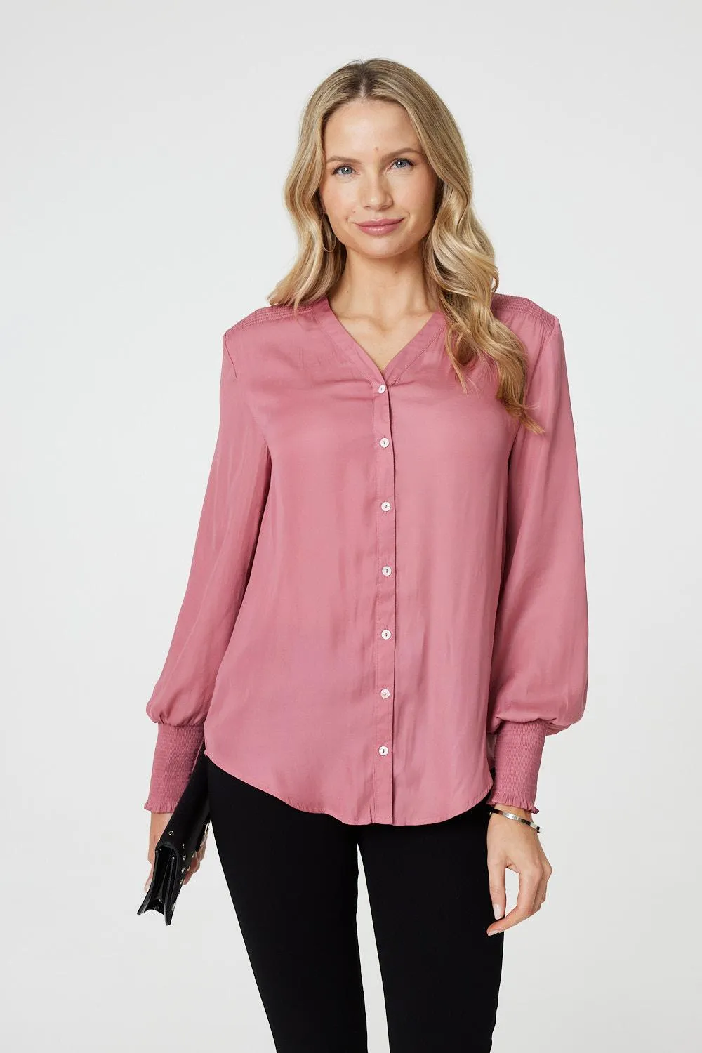 Collarless Button Up Long Sleeve Shirt