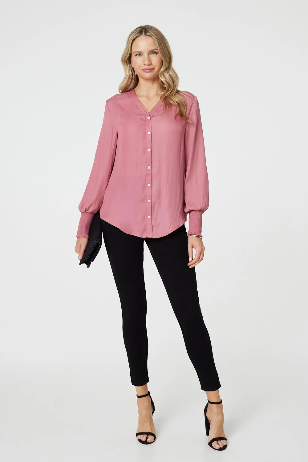 Collarless Button Up Long Sleeve Shirt