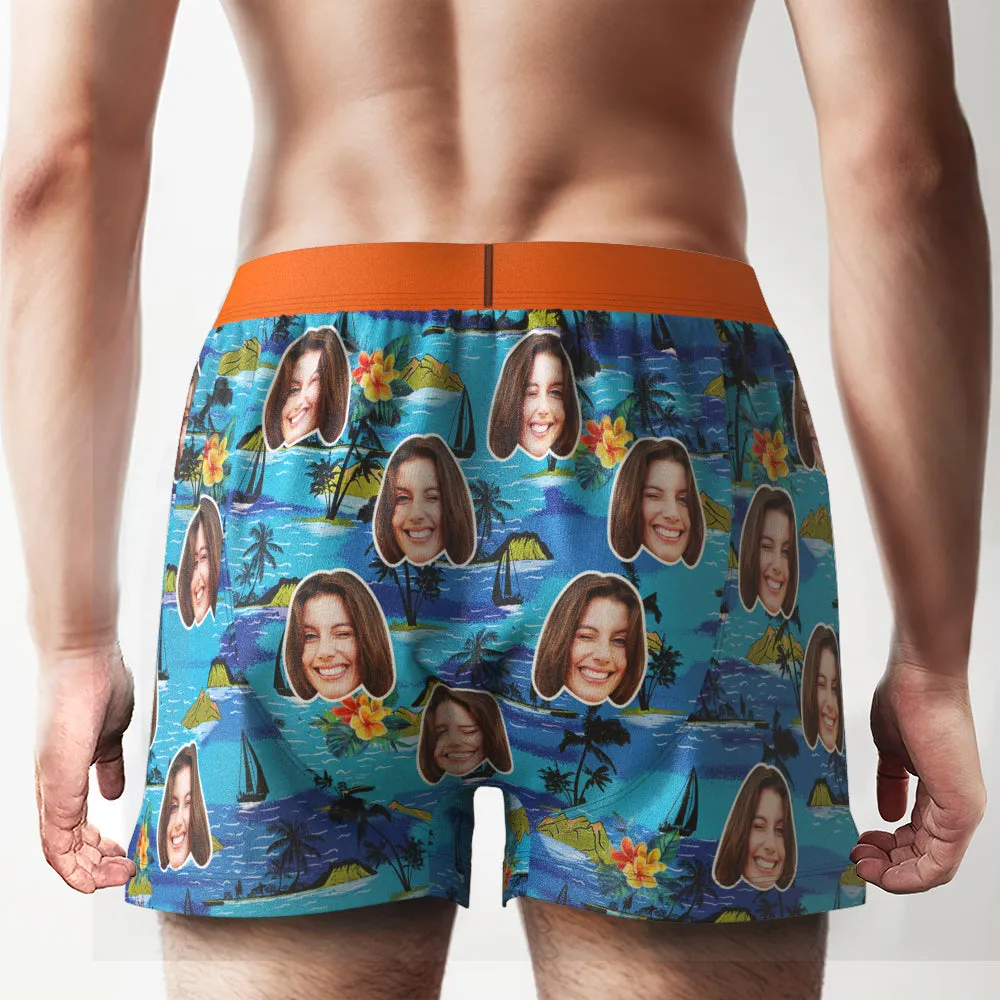 Custom Face Hawaiian Landscape Boxer Shorts Personalized Waistband Casual Underwear for Him