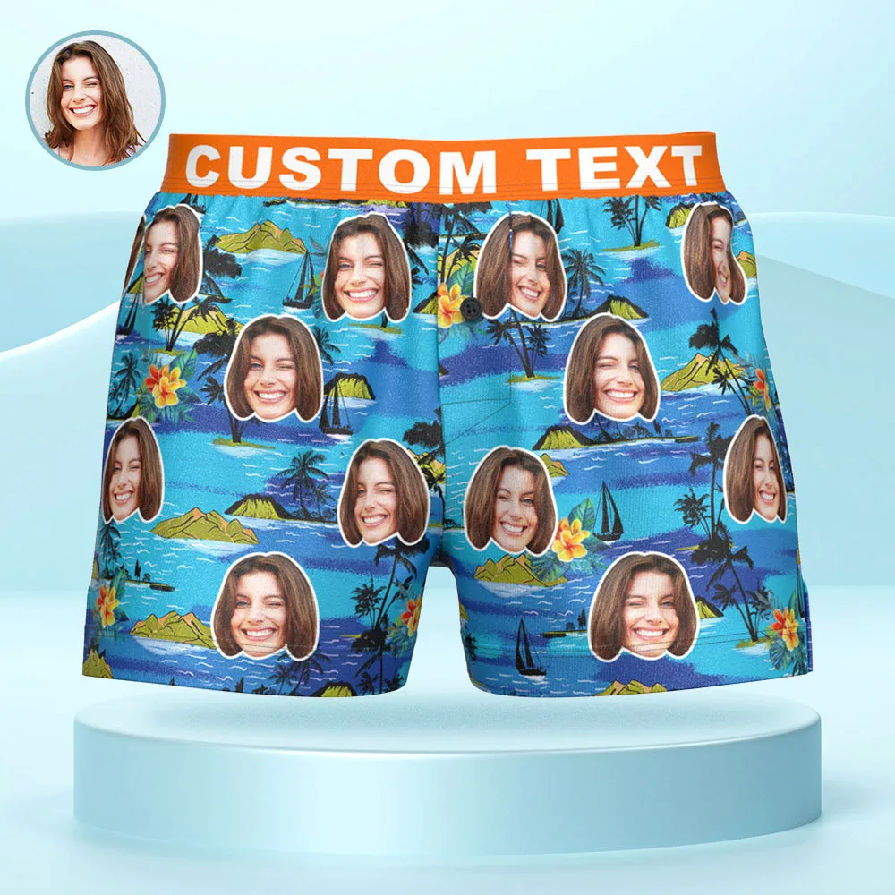 Custom Face Hawaiian Landscape Boxer Shorts Personalized Waistband Casual Underwear for Him