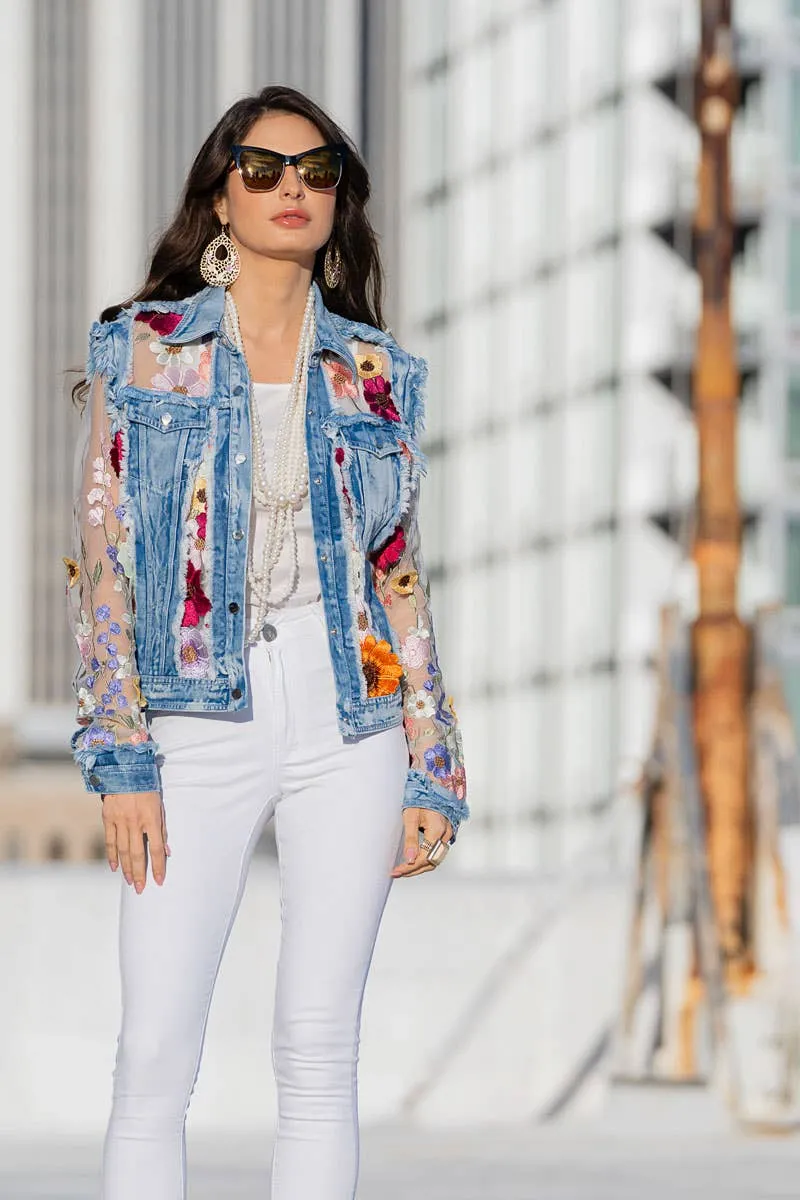 Denim Lace Jacket with Floral Embroidery