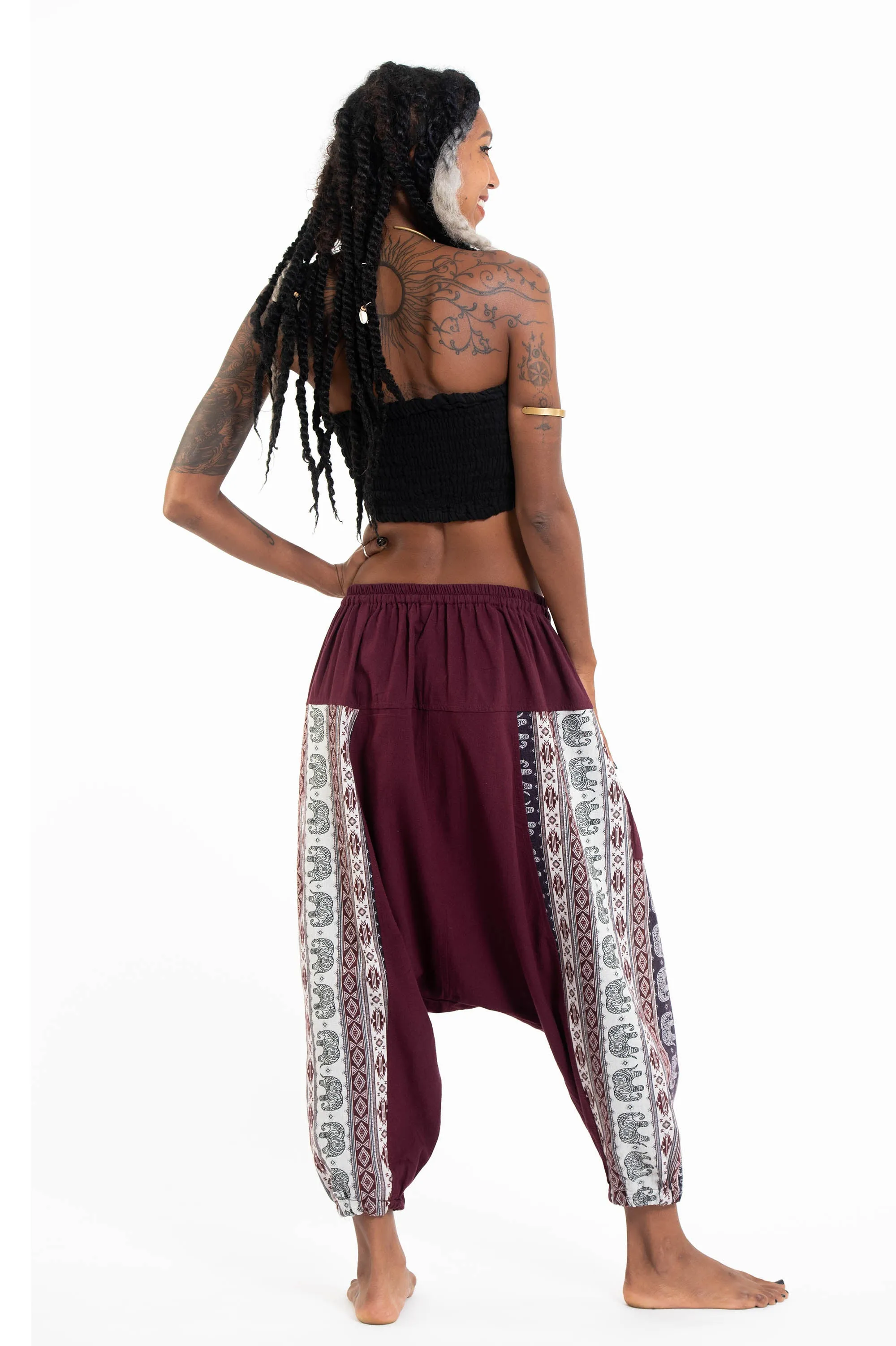 Elephant Aztec Cotton Women's Harem Pants in Burgandy