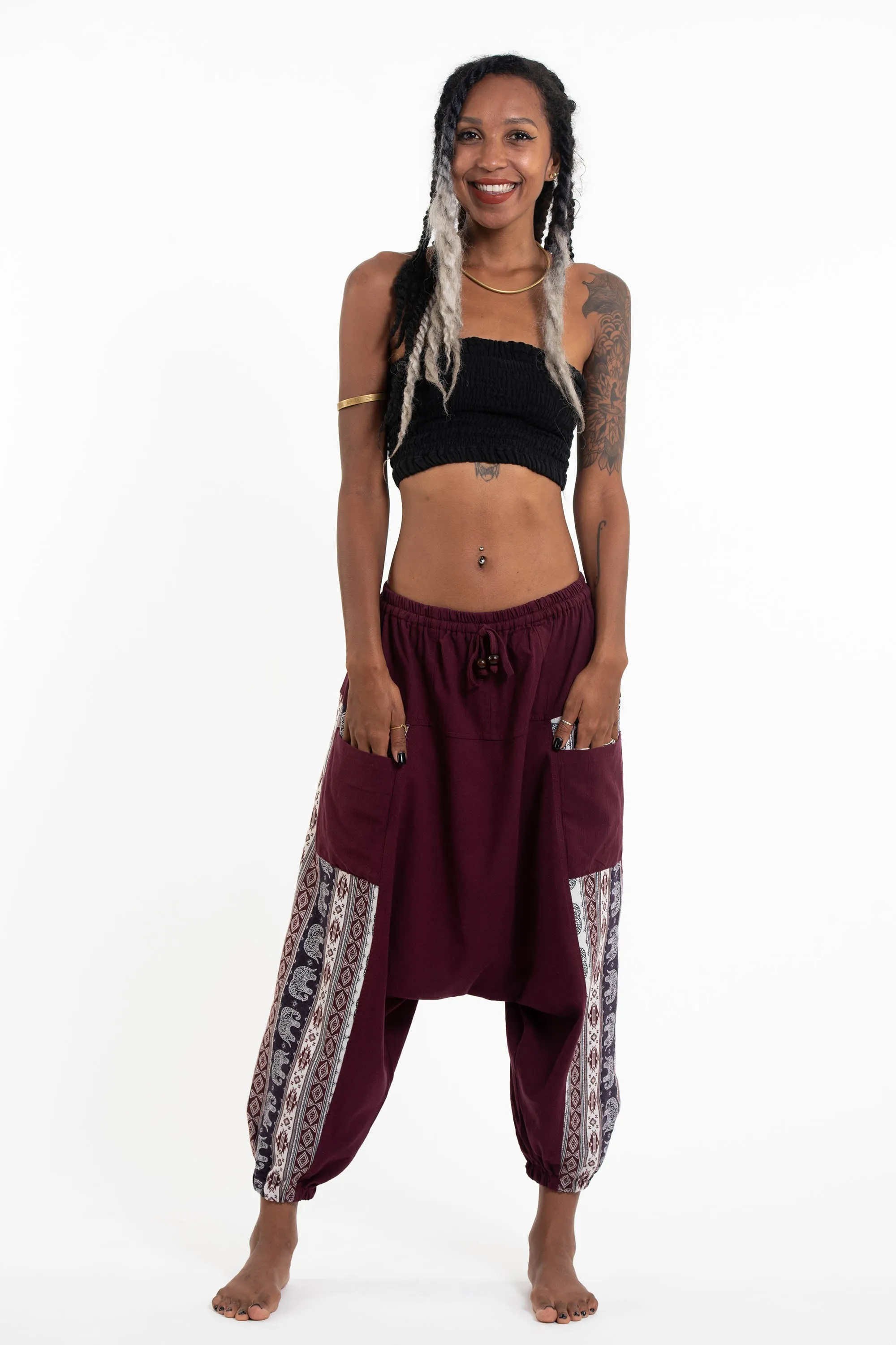 Elephant Aztec Cotton Women's Harem Pants in Burgandy