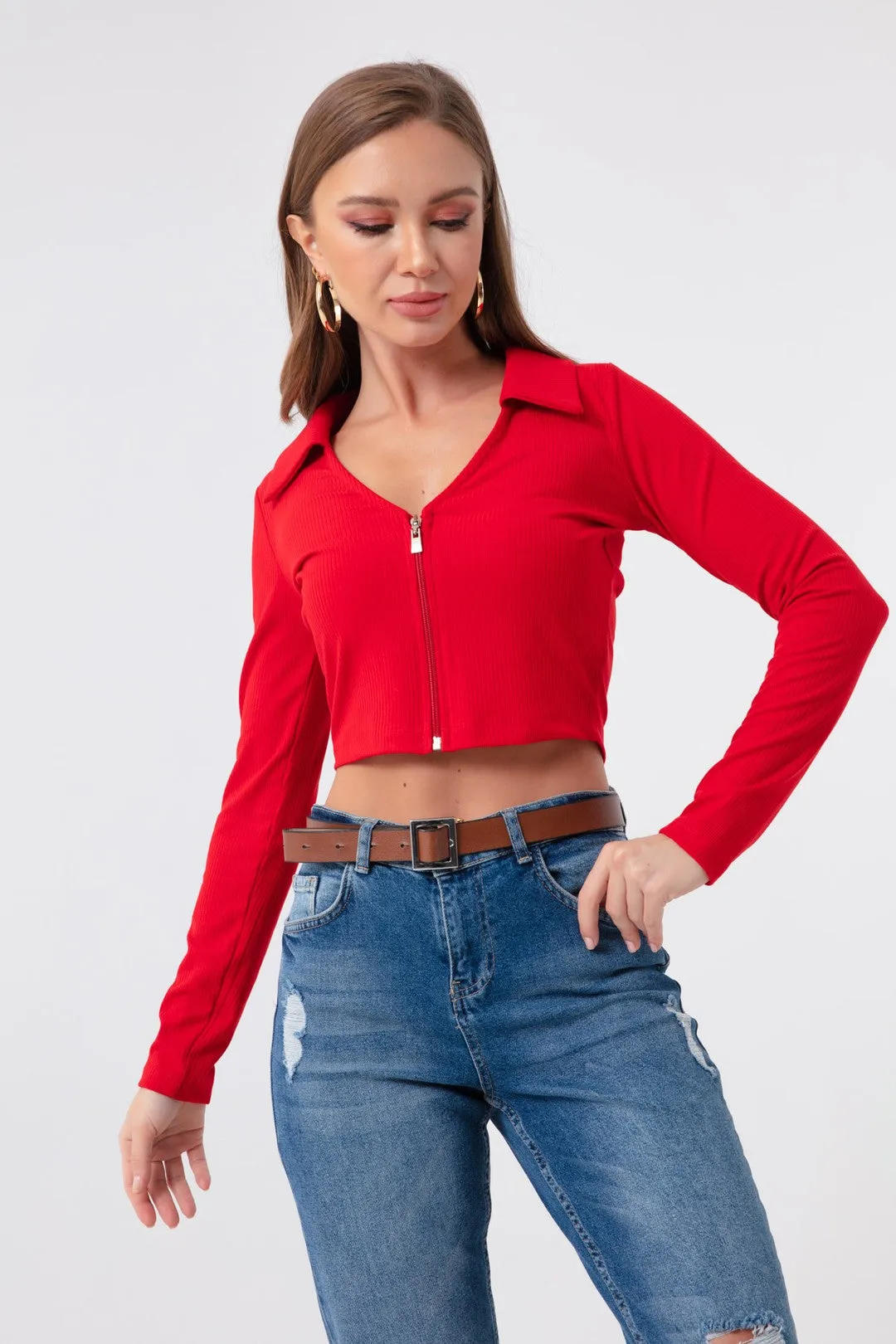 Female Zipper Detailed Knitting Blouse