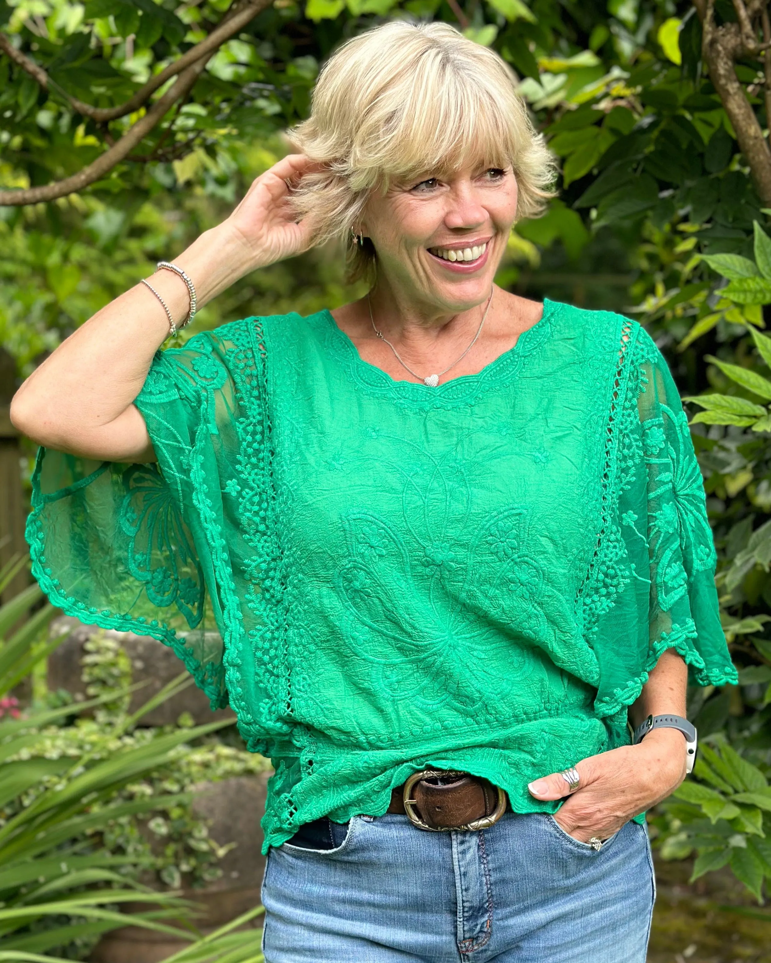 Floral Lace Butterfly Sleeve Top - Jade