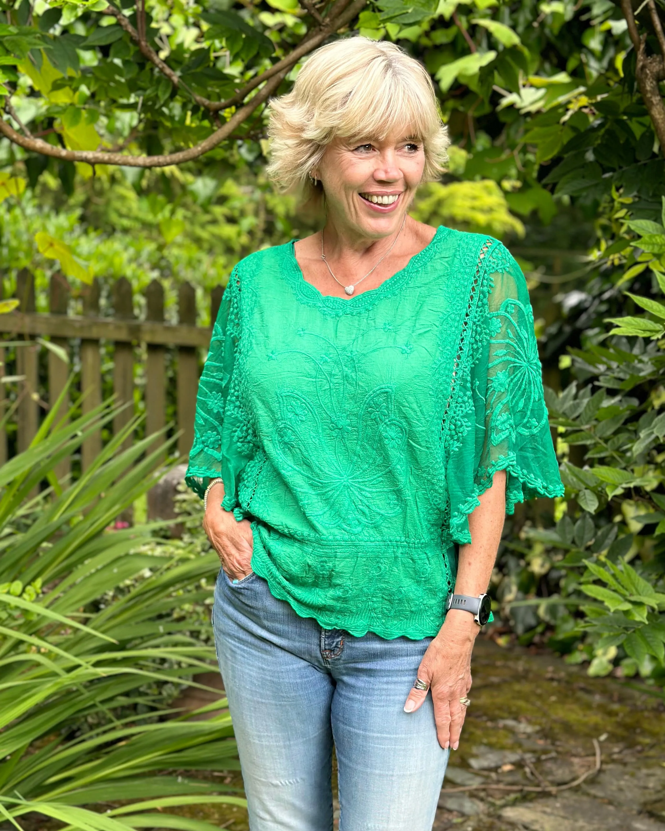 Floral Lace Butterfly Sleeve Top - Jade