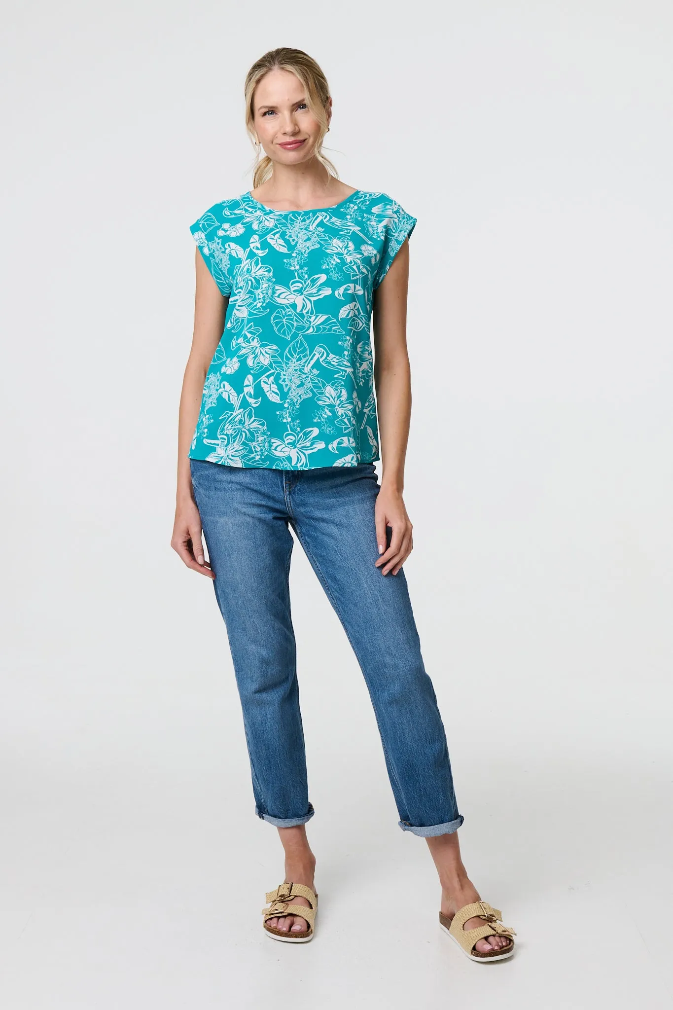 Floral Turn-Up Cap Sleeve Shell Top