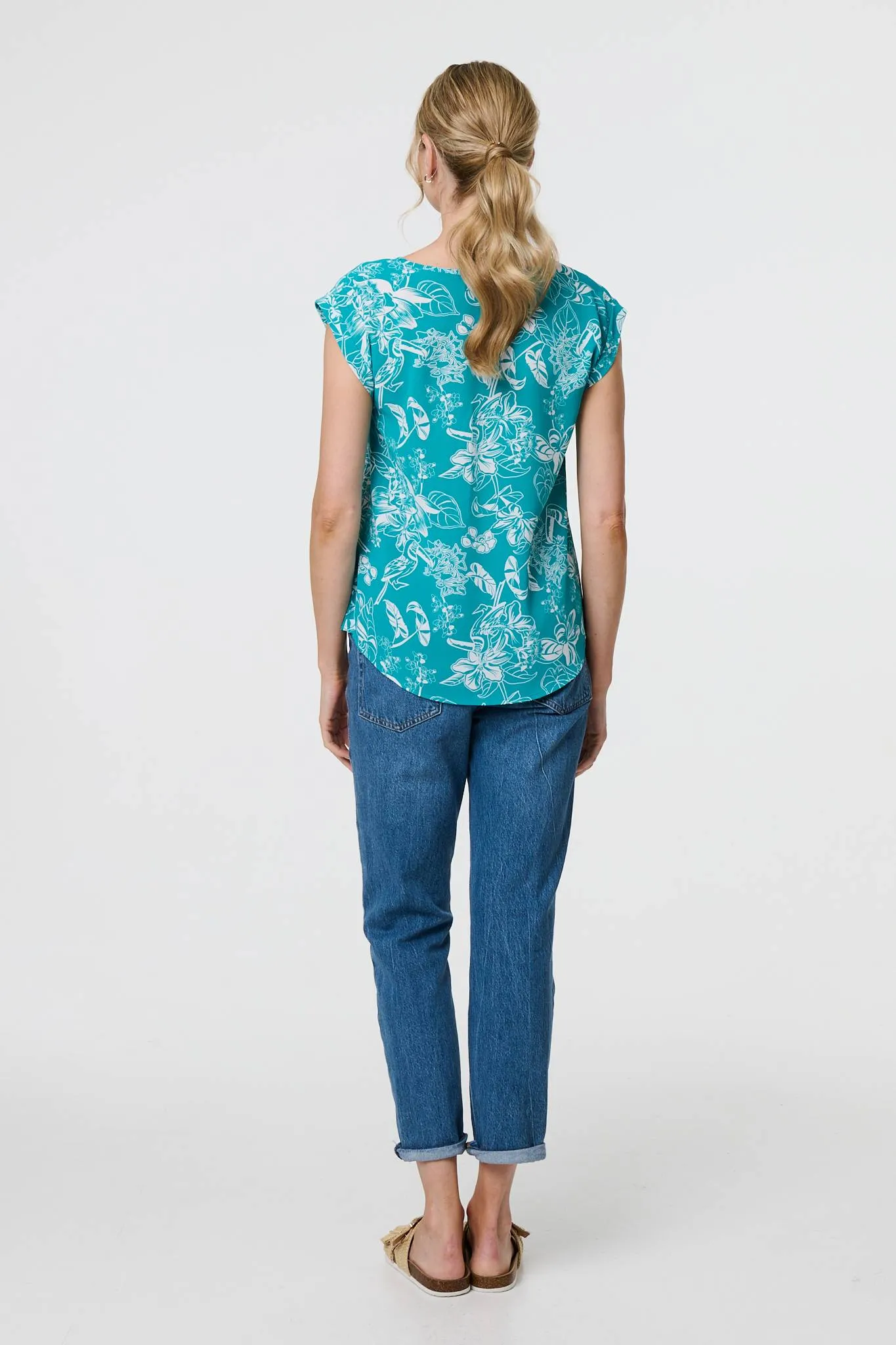 Floral Turn-Up Cap Sleeve Shell Top