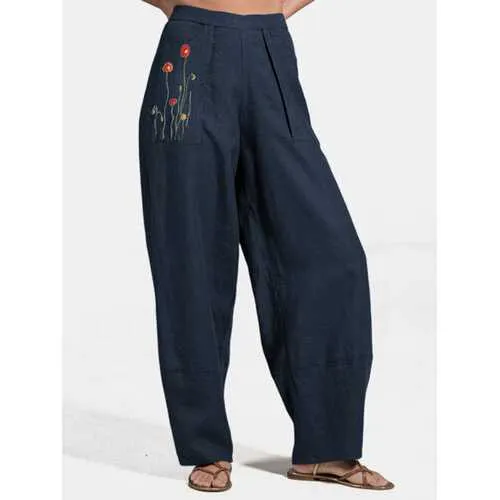 Flower Embroidery Pockets Harem Pants