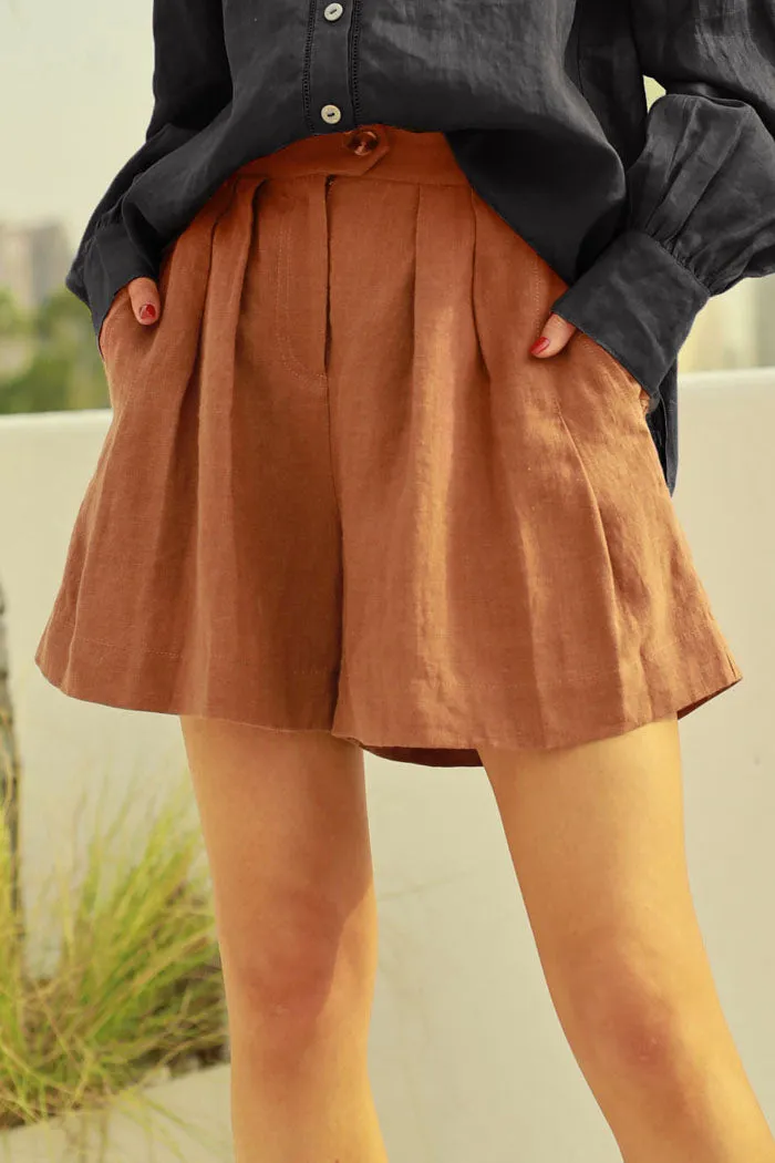 Frieeah Elastic Waist Pleated Shorts