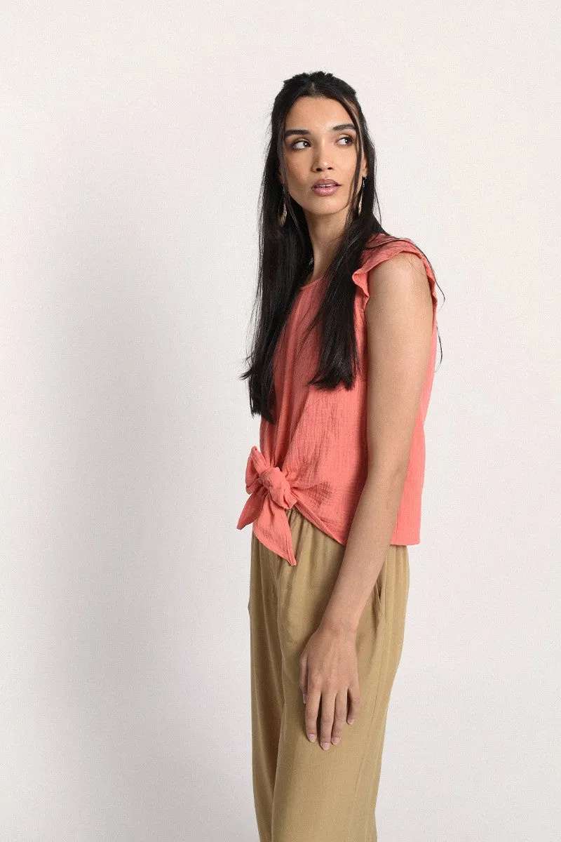 Front Knotted Top - Coral