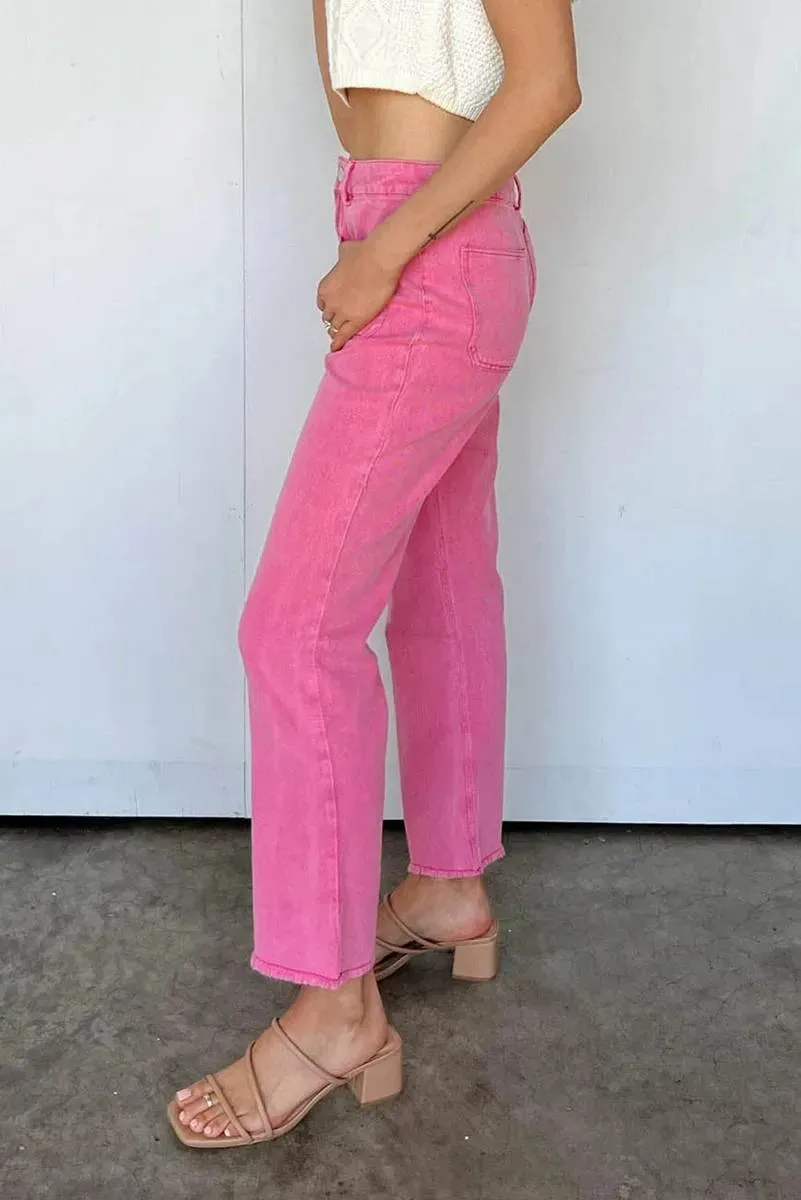 Get Your Fashion Fix: Pink Flare Leg Jeans with Raw Hem