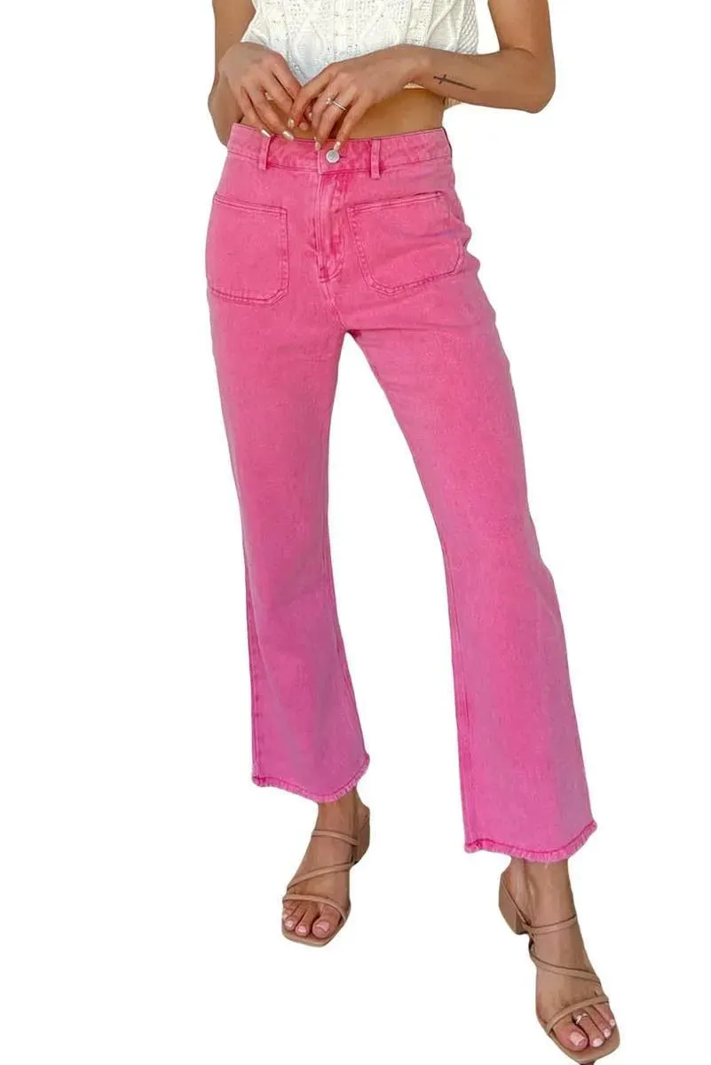 Get Your Fashion Fix: Pink Flare Leg Jeans with Raw Hem