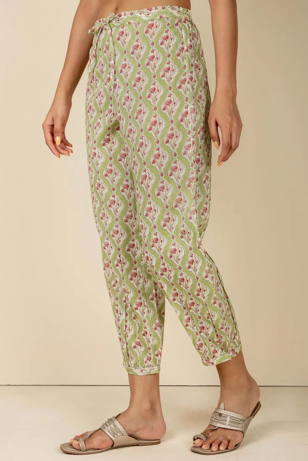 Green Mughal-Inspired Grid Pattern Afghani Trousers