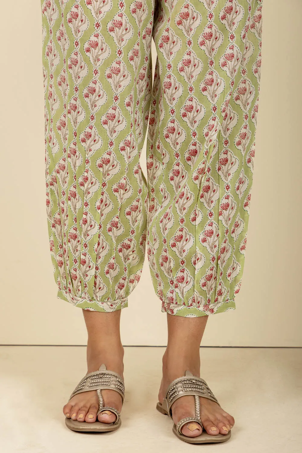 Green Mughal-Inspired Grid Pattern Afghani Trousers