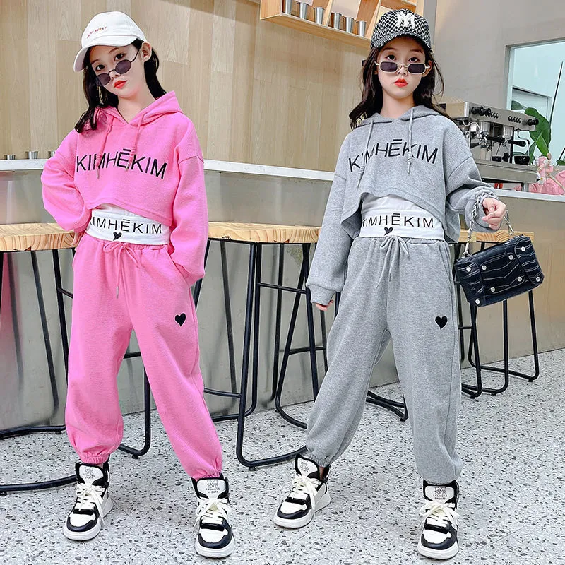 #H3381 Girls Hip Hop Fashion Tracksuit - 3pcs Vest Hoodie Pants- 5-14 Years