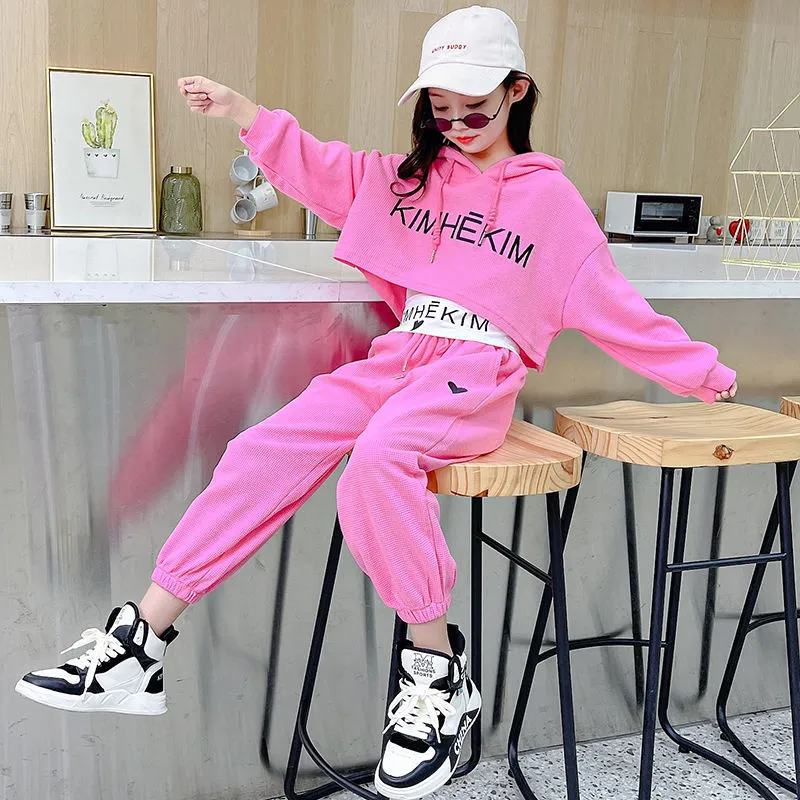 #H3381 Girls Hip Hop Fashion Tracksuit - 3pcs Vest Hoodie Pants- 5-14 Years