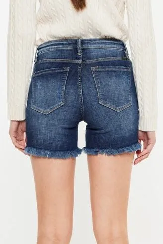 KanCan High Rise Frayed Denim Shorts- Dark Wash