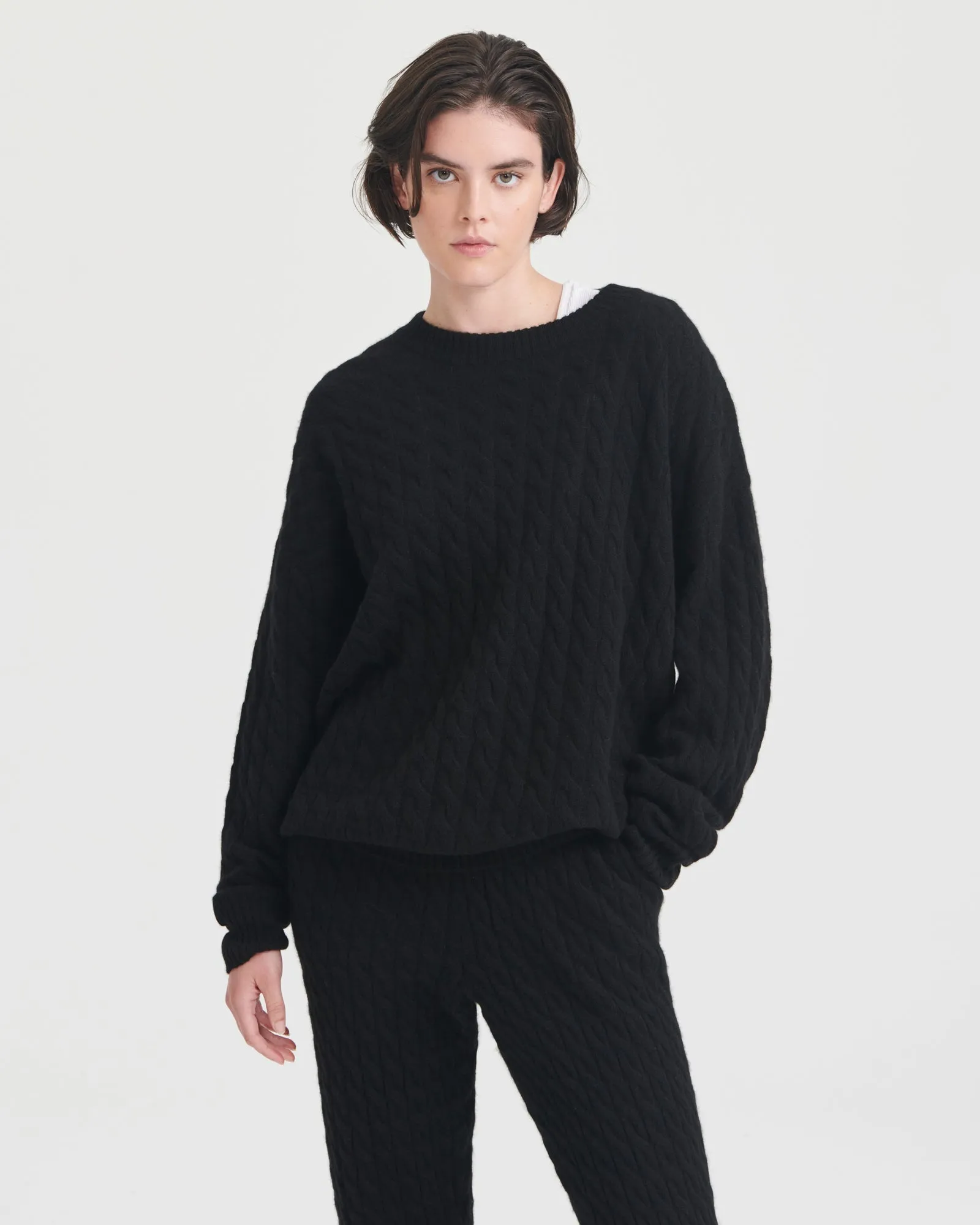 Lightweight Cashmere Cable Knit Oversized Crewneck